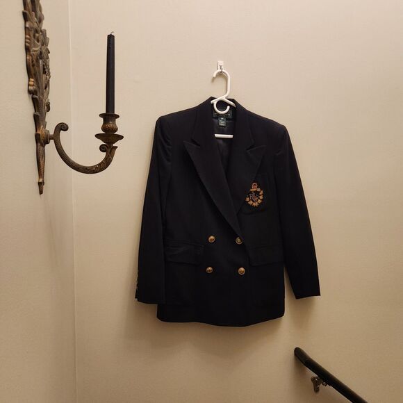 Vtg Ralph Lauren Worsted Wool Royal Crown Crest Navy Double-Breasted Blazer - Picture 1 of 15